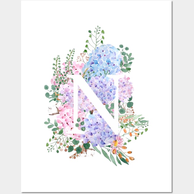 botanical monogram alphabet N hydrangea flowers Wall Art by colorandcolor